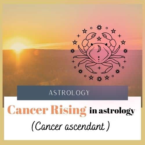 In the left background the sun sits on the horizon. In the right foreground is a digital image of the Cancer zodiac sign symbol, which is a crab. Text reads "Astrology/ Cancer rising in astrology (Cancer ascendant)"