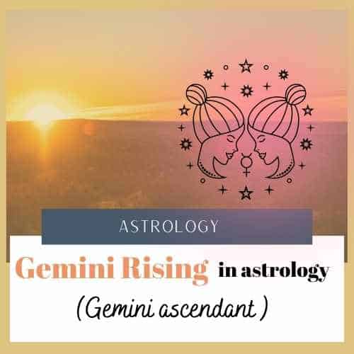 A sun sits on the horizon in the left background. In the right foreground is a digital image of the Gemini zodiac sign symbol (which is twins). Text reads "Astrology/ Gemini Rising in astrology (Gemini ascendant)"
