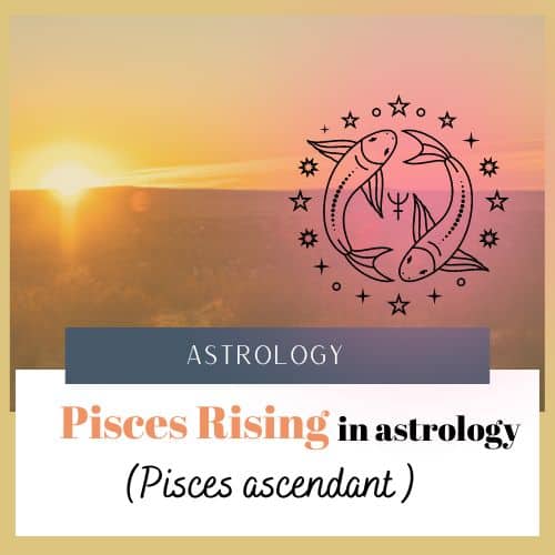 In the left background the sun sits on the horizon. In the right foreground is a digital image of the Pisces sign symbol, which is 2 fish. Text reads "Astrology/ Pisces rising in astrology (Pisces ascendant("