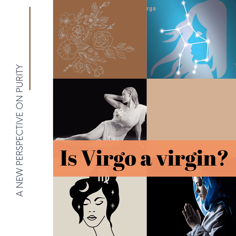 A collage with 2 different symbols for the zodiac sign Virgo, a picture of Virgin Mary, and a bouquet of flowers drawn with line art. Text reads "Is Virgo a virgin?" On the left side of the screen, vertically, text reads "a new perspective on purity"