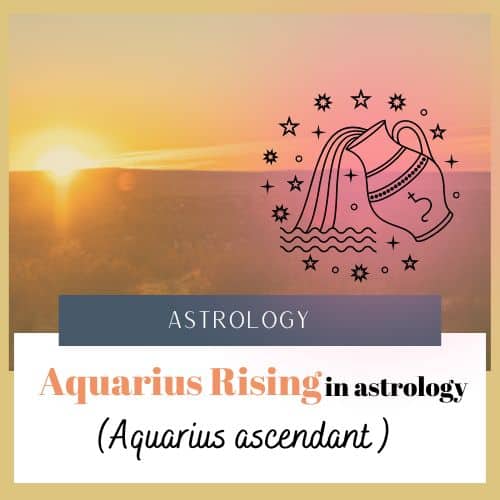A sun sits on the horizon in the left background. In the right foreground is a digital image of the Leo. zodiac sign symbol which is a lion. Text reads "Astrology/Aquarius rising in astrology (Aquarius ascendant)"