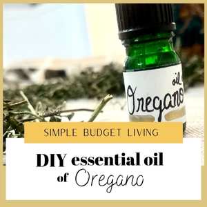 A bottle of homemade essential oregano oil sits in front of a handful of dried oregano. Text reads "Simple Budget Living/ DIY essential oil of oregano"