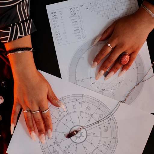 A picture of a woman's hands resting on top of 2 natal charts that have been printed on white paper