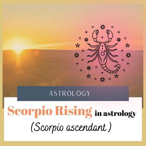 In the background the sun sits on the horizon. In the right foreground is a digital image of the Scorpio sign symbol, which is a scorpion. Text reads "Astrology/ Scorpio rising in astrology ( Scorpio ascendant)"