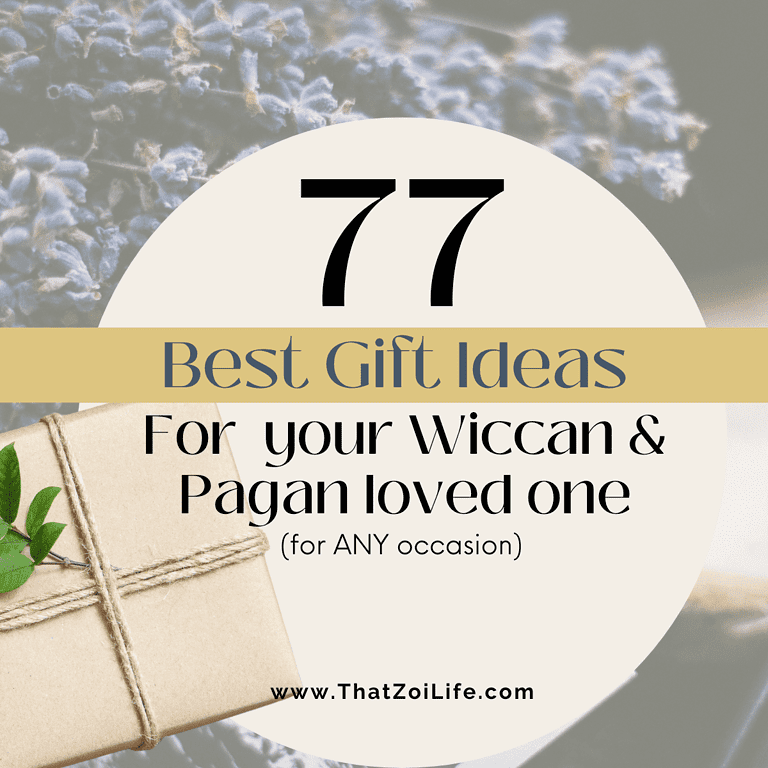 A table filled with wiccan items and a paper wrapped gift. Text reads "77 Best Gift Ideas for your wiccan or pagan loved one (For any occasion!)"
