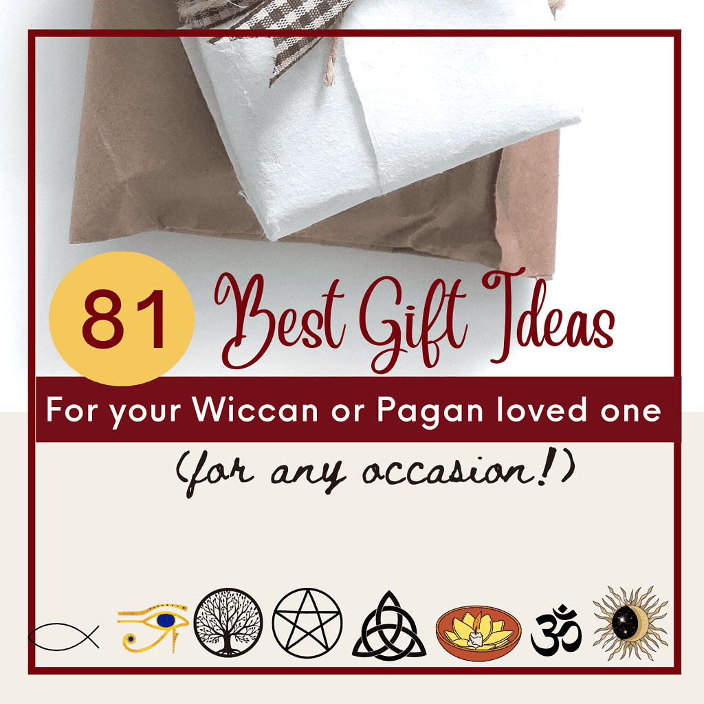 2 gifts wrapped in brown and white paper. Text reads "81 Best gift ideas for your Wiccan and pagan, loved ones for any occasion"