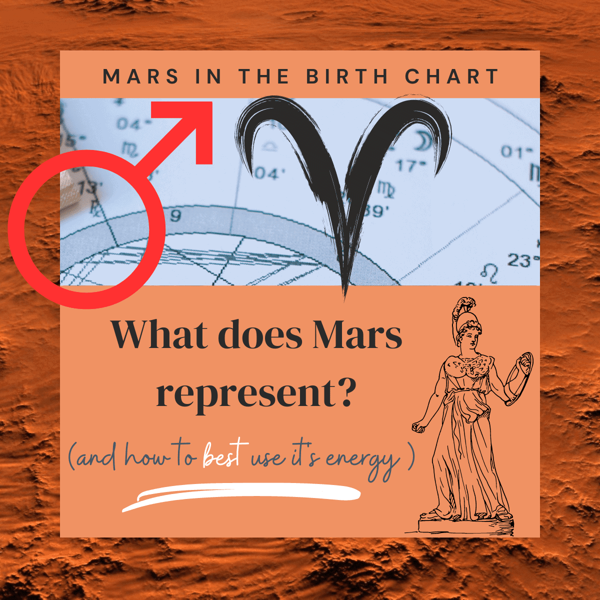 Background image is of the red surface of the planet Mars. Atop that is an image of an astrology birth chart, the glyph for Mars, the zodiac sign symbol for Aries and a picture of the greek god Ares. Text reads "Mars in the birth chart, What does Mars represent, and how to best use it's energy"