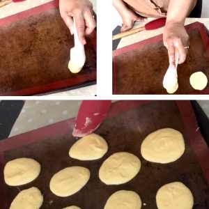 a 3 photo collage of whoopie pie batter being placed onto a baking sheet in the shape of eggs